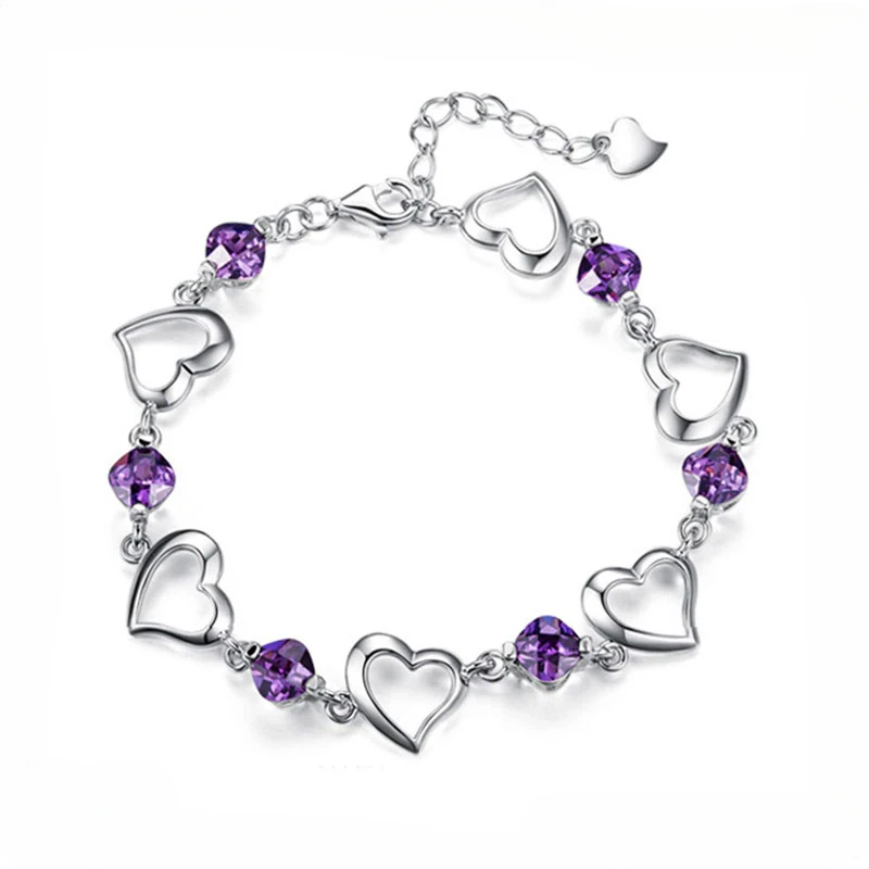 

CHUANGCHENG 925 Sterling Silver Hearts Zircon Adjustable Chain Women's Bracelet Chain