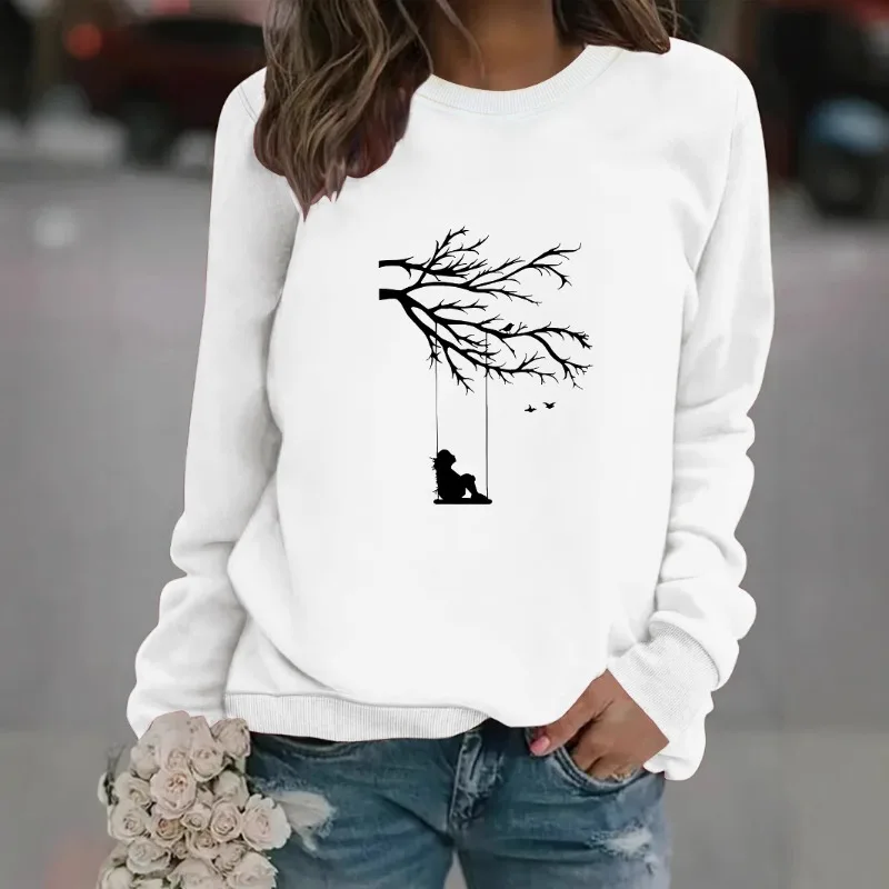 Women Crew Neck Sweatshirt Tree Swing Girl Silhouette Print Long Sleeve Pullover Casual Loose Ladies Round Neck Fall Tops