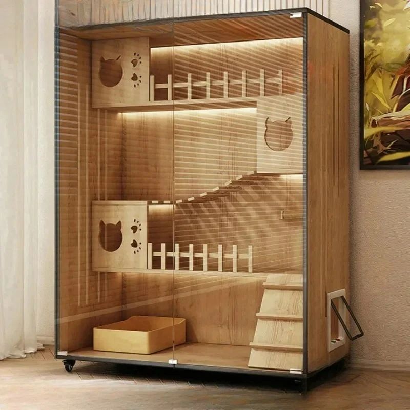 

Customizable Luxurious Solid Wood Cat Cages for Home Indoor Tempered Glass Cat House Pet Cage Large Free Space