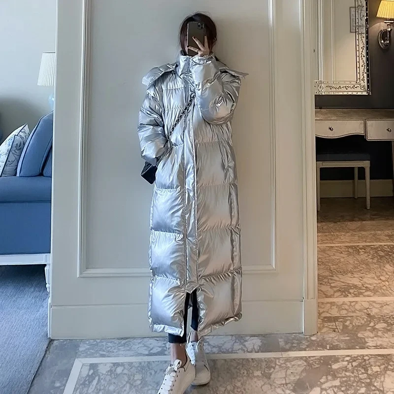 Silver Glossy Down cotton Jacket 2024 Winter New Korea Loose Hooded Coat Thicken Parkas Windproof female casual long overcoat