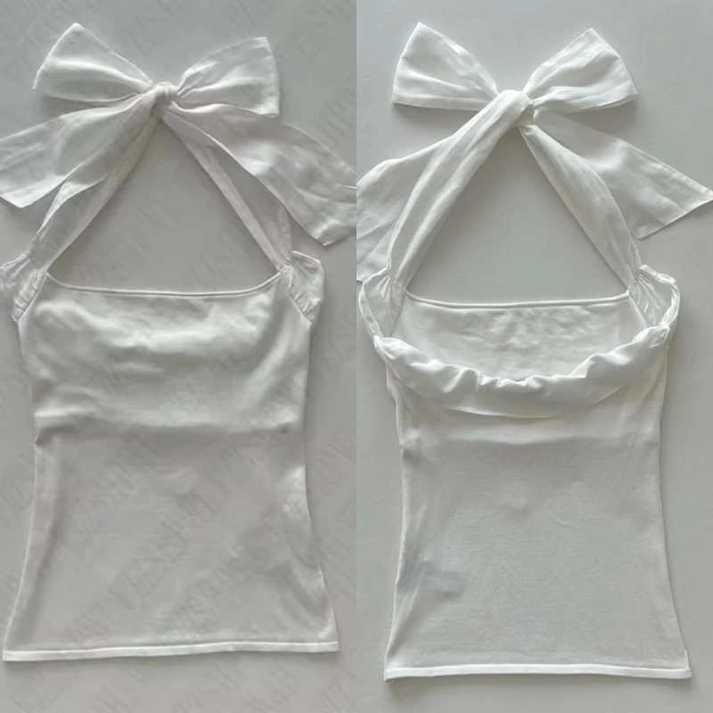 

French Fashion Pure Desire Slim White Tops New Hang Neck Design Sexy Style Sweet Tops Aesthetic Y2k Vintage Summer Clothing 2025