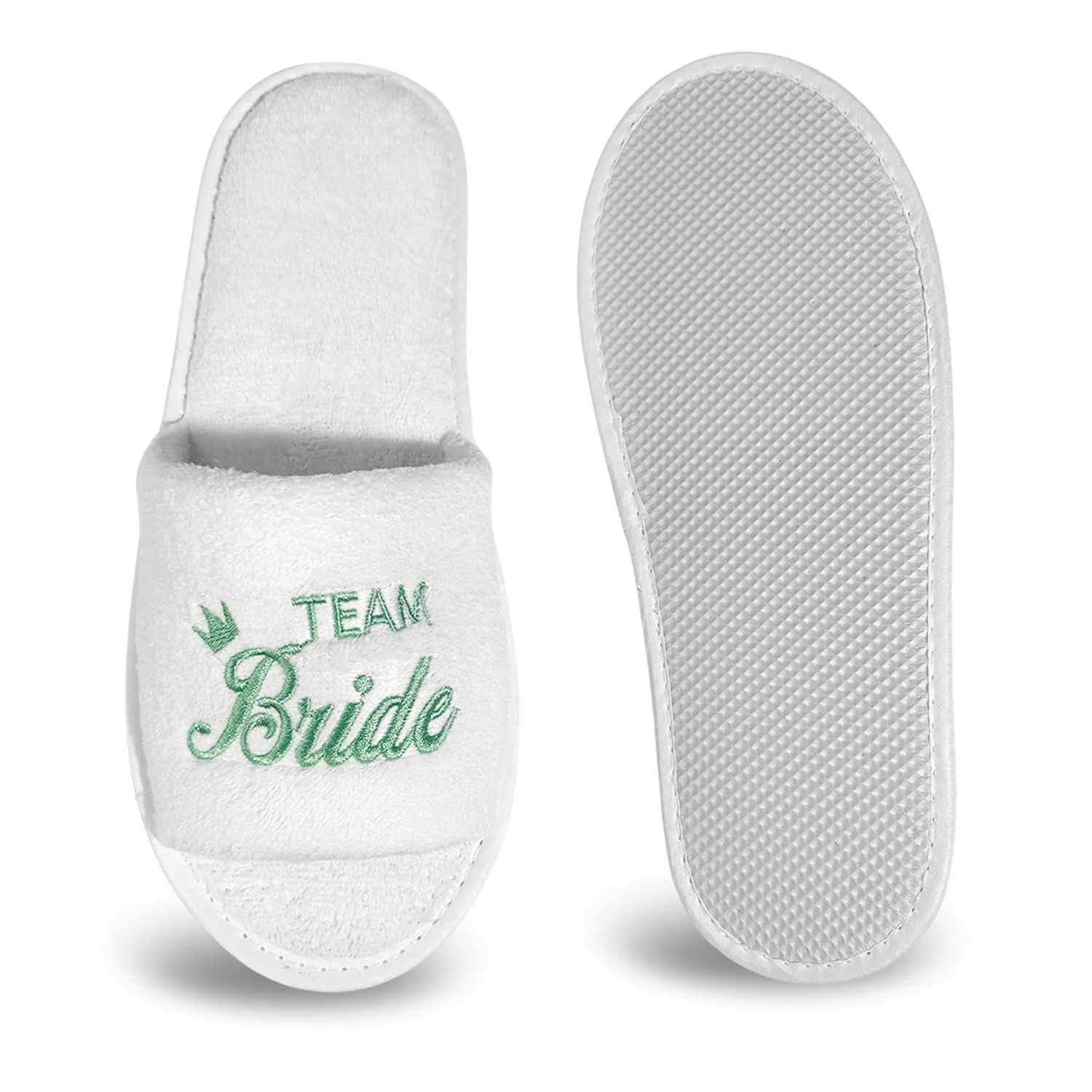 Braut und Brautjungfer, Hochzeit, Party, Gäste, Zuhause, Slip-On-Schuhe, Brautparty-Hausschuhe, offener Zehenbereich mit goldenem, mintgrünem und rosa – Detail 13