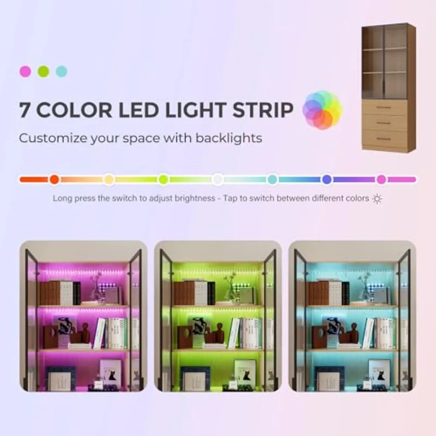 78.7" H Tall Bookcase Display Cabinet with LED Light, Natural view 4