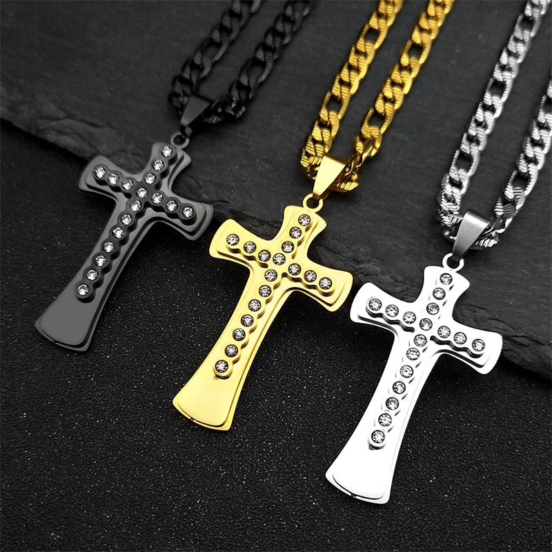 المسيحية الراين يسوع الصليب قلادة قلادة للنساء الرجال الذهب اللون الفولاذ المقاوم للصدأ الكاثوليكية الهيب هوب سلسلة مجوهرات هدية #3