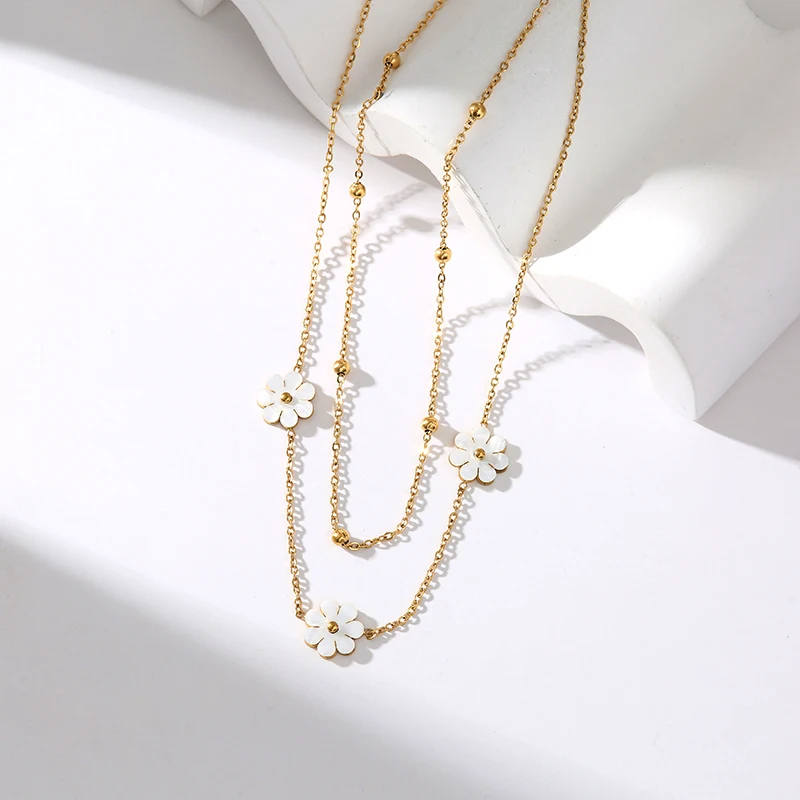 GANEMLY 316L Stainless Steel Cute White Flowers Necklace Earrings Bracelet Set For Women Fashion Waterproof Jewelry Set Gift