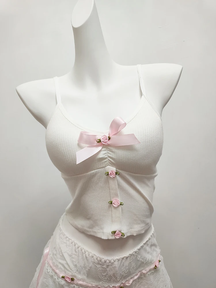 

Cute Crop Top Women Summer Y2k Tops Flowers Bow Decoration White Camis for Sweet Girls Lolita Style Kawaii Clothes