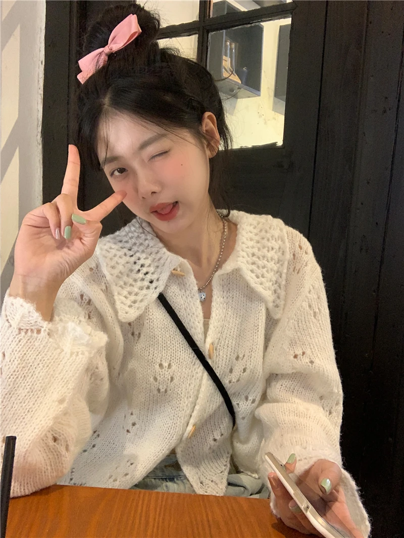 

Miiiix Korean Fashion 2024 Early Spring New Lazy Knitted Cardigan Coat Loose Hollow Sweet Sweater Top Female Clothing