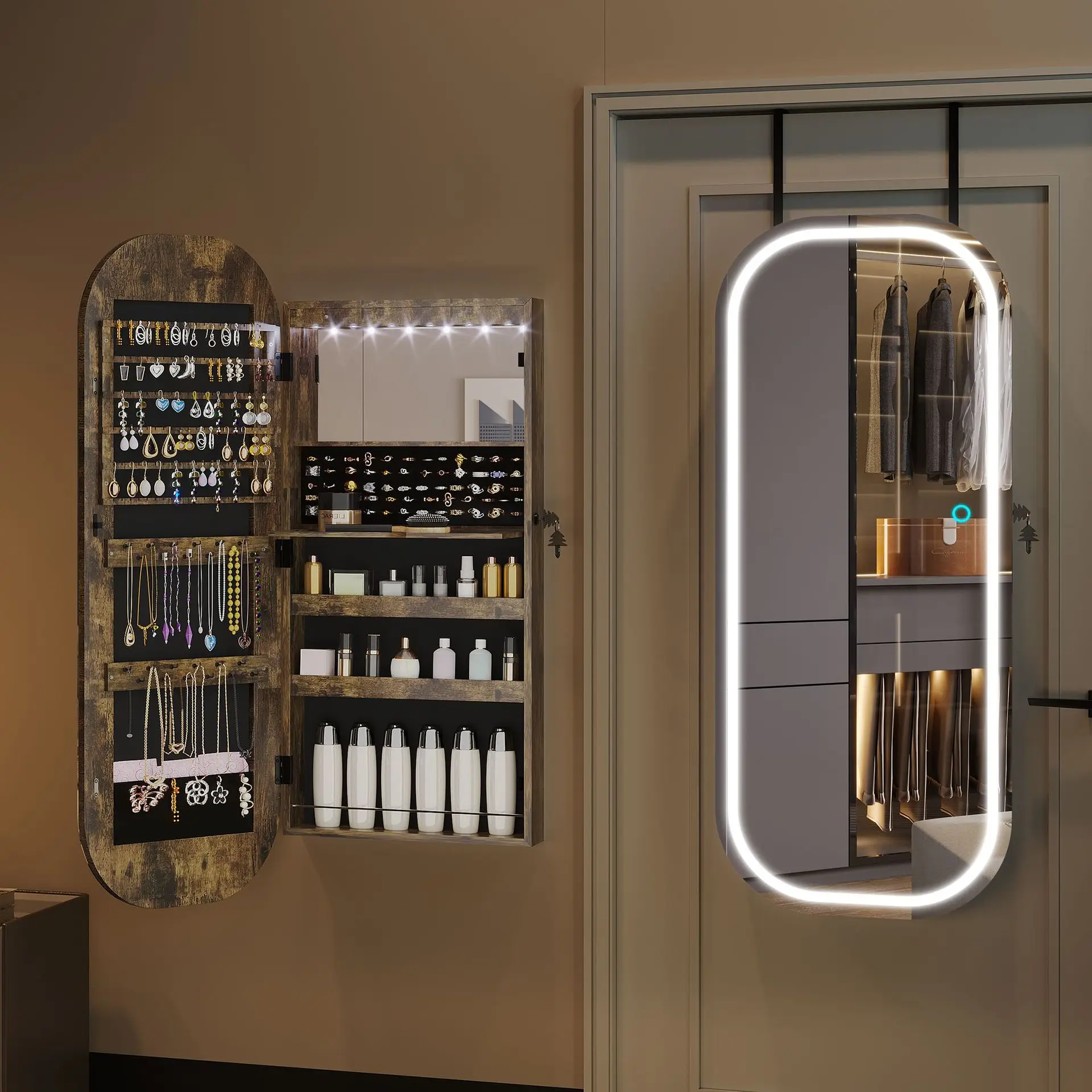 Oval LED light jewelry cabinet, jewelry display cabinet, wall-mounted storage mirror cabinet, multi-function lockable full-body