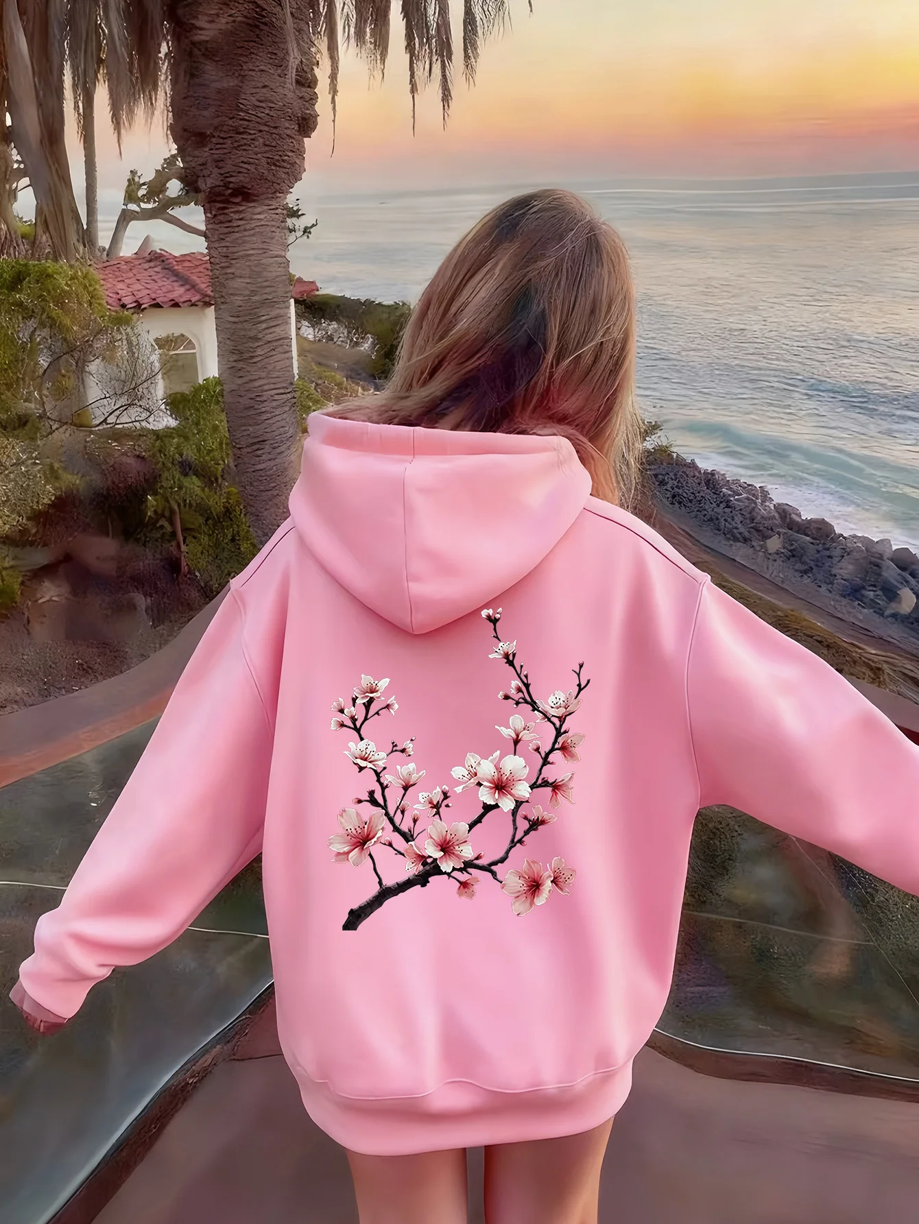 New autumn/winter Christmas style girls' hooded casual sweatshirt, fashionable and trendy cherry blossom branch print top.