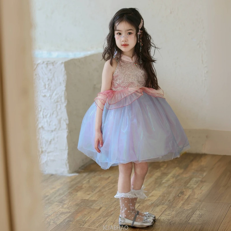 Dress Up Girl Party Kids Mermaid Princess Dress Pink Glitter Tulle Tutu Children Birthday Gown Girls Clothes Costumes Vestido