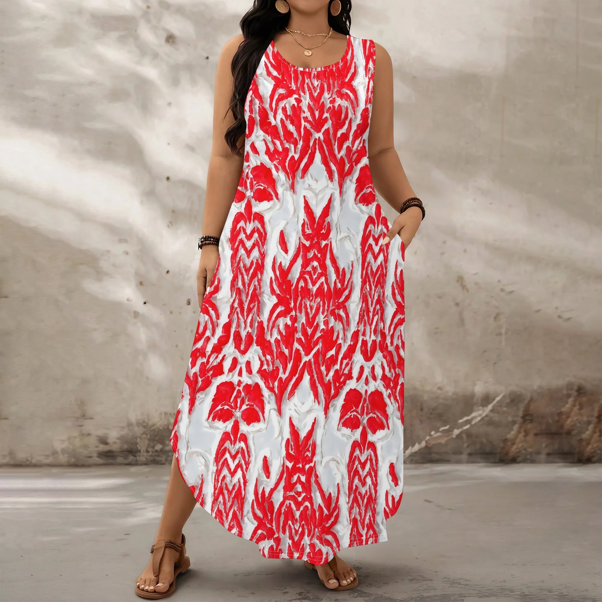 

Plus Size Women's Sleeveless Ethnic Print Tank Maxi Dress with Pockets, Red White A-Line Summer Beach Party Sundress XL-6XL