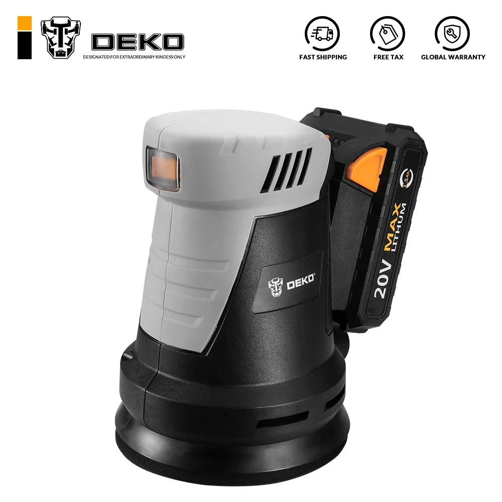 DEKO 20V Cordless Random Orbit Sander with 15 Sheets of sandpaper and Hybrid dust canister Lithium-Ion Battery 10,000/min