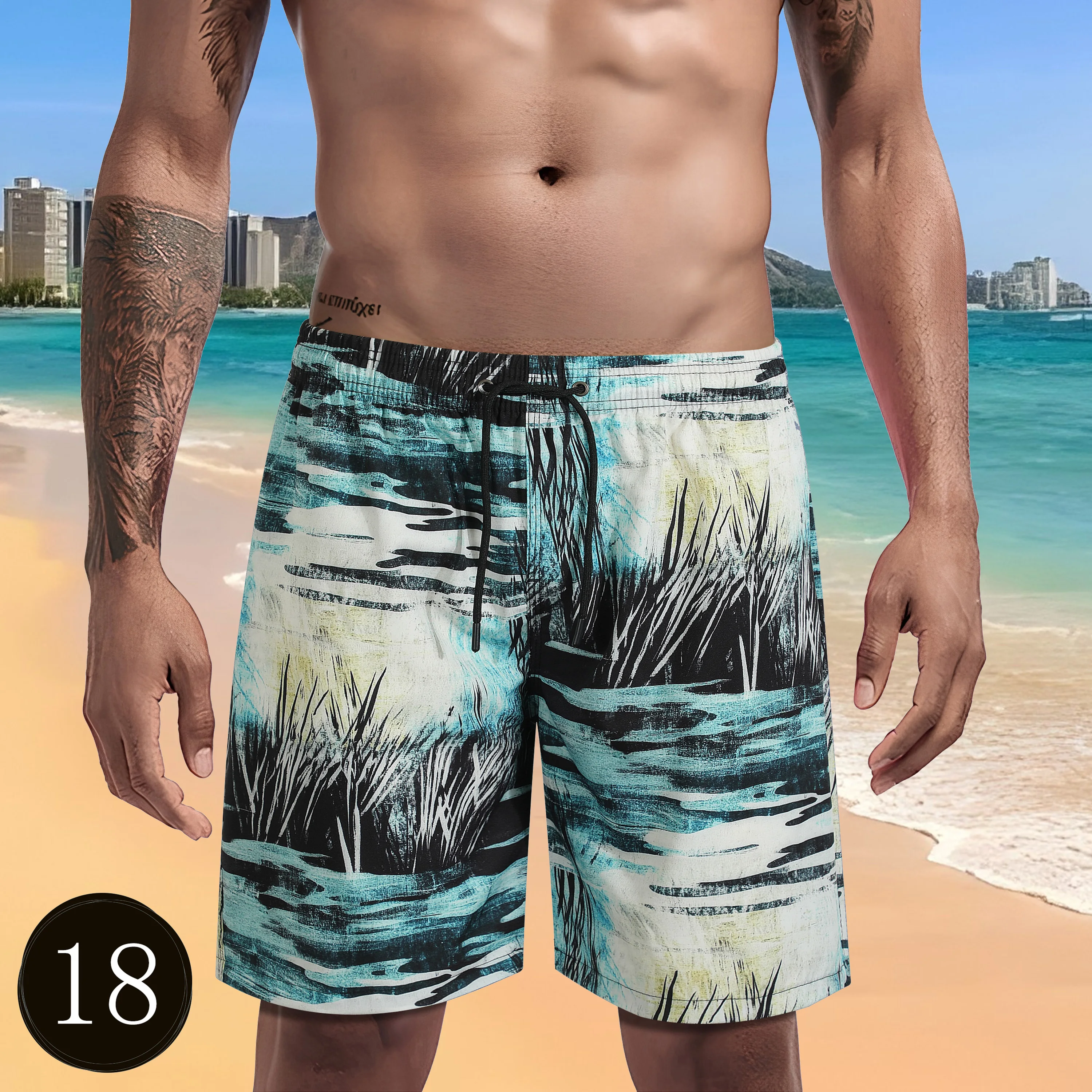 

2025 New Men's Beach Shorts Summer Hawaiian Casual Shorts with Pocket Quick Drying Beach Surfing Swimsuit Outdoor Activities