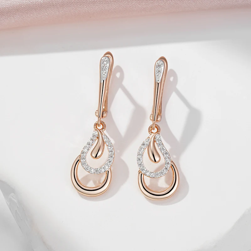 SYOUJYO luxe longue 585 Rose doré boucles d'oreilles pour les femmes couleur argent bijoux fête mariée mariage boucles d'oreilles Zircon naturel