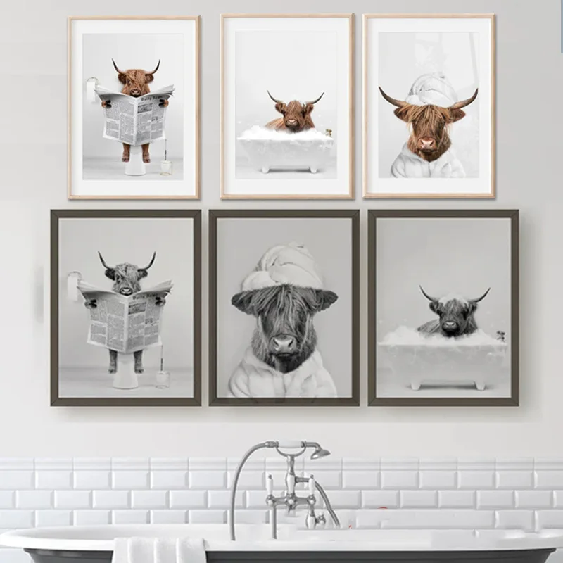 Fun black and white Scottish Highland Cattle bath background wall Bathroom Bathroom Home hanging picture decorative painting cor