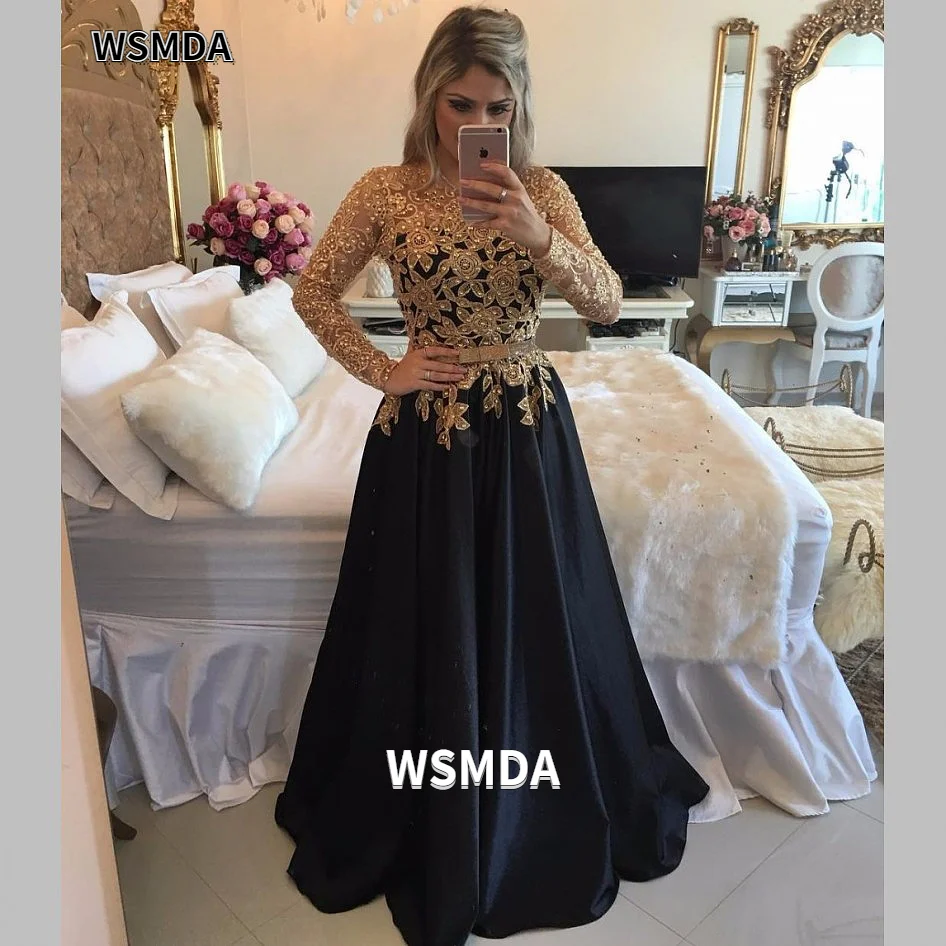 2022 novo elegante mangas compridas vestidos de baile ouro applique preto vestido de noite com cinto cetim formal vestido de baile