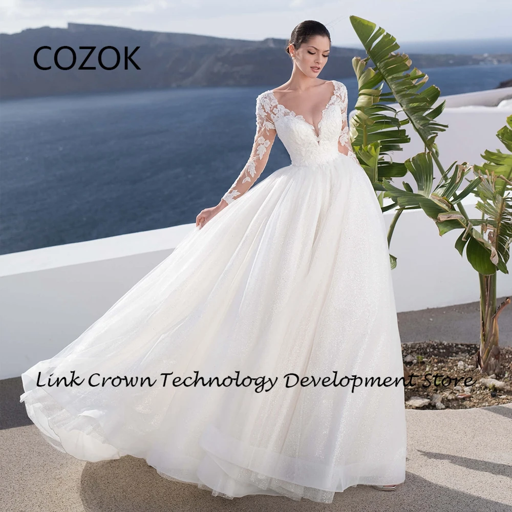 

COZOK Charming Strapless Wedding Dresses with Lace 2024 Summer Soft Tulle Bridal Gowns Full Sleeve Vestidos De Novia New