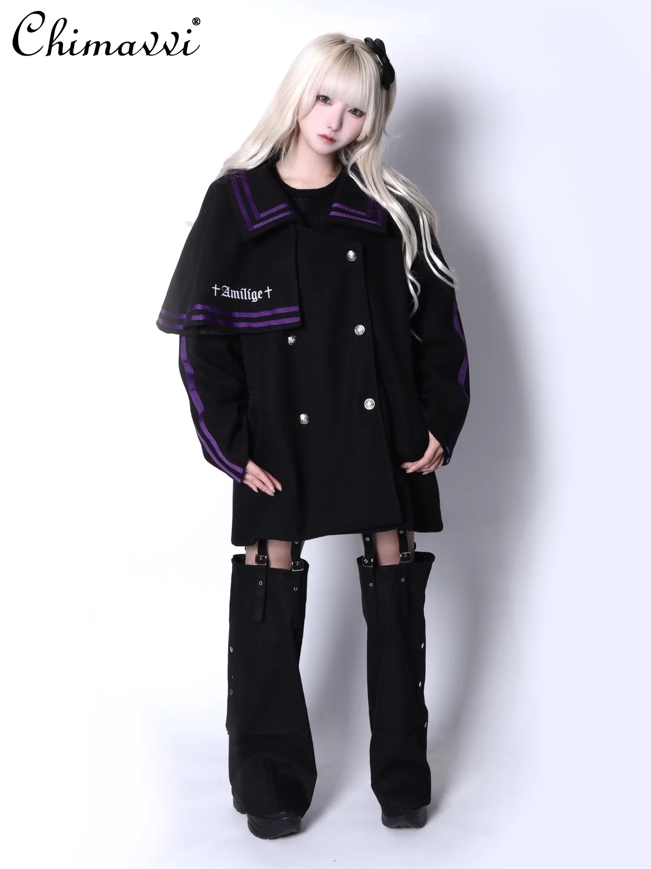 Japanese Mine Series Mass-produced Long-sleeved Loose Jackets Women Autumn and Winter New Subculture Double-breasted Cloak Coat