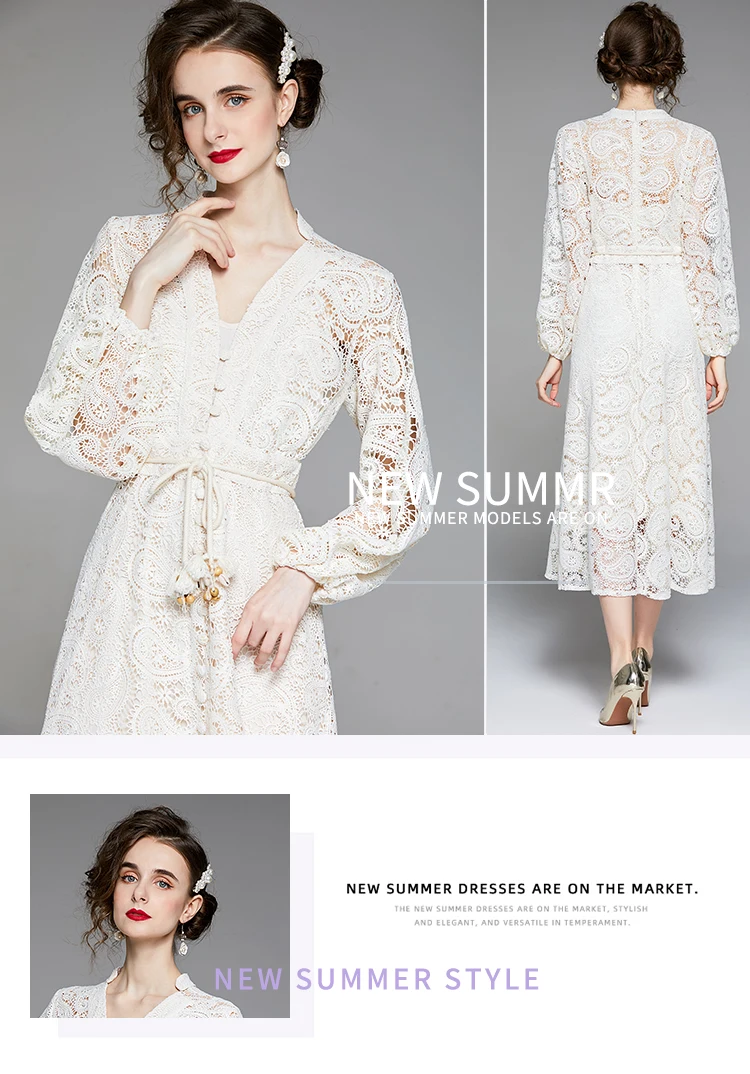 2024 Palace French Hooked Flower Hollow Water soluble Lace Style Slimming Dress Comes with Interior and Belt Retro Dress