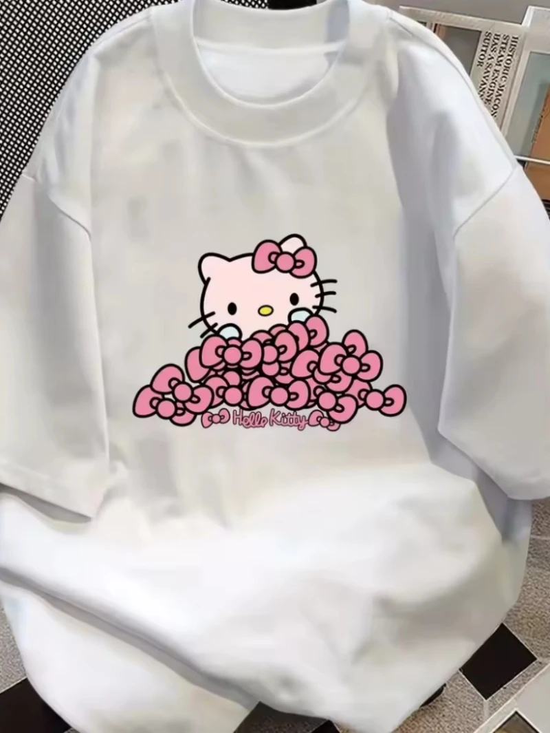

Sanrio Hello Kitty Pattern Printed Round Neck Shoulder Down Cotton Soft and Comfortable Loose American Short Sleeve T-shirt