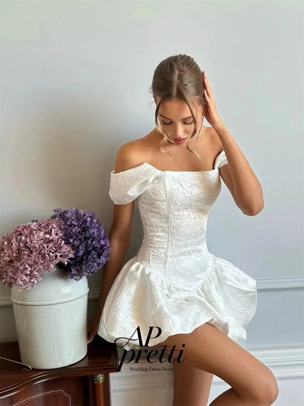 AP pretti Playful Off the Shoulder Satin Wedding Dresses For Woman A-line Mini Bridal Gown Customized Vestidos De Novia 2026