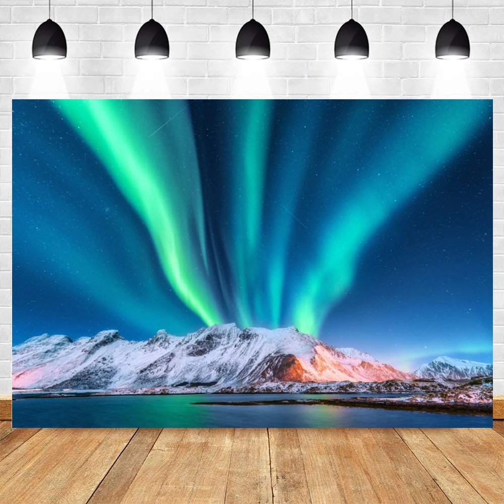 Aurora Borealis Backdrop Arctic Snow Capped Mountains Lake Starry Sky Scenery Northern Lights Winter Landscape Photo Background