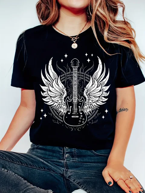 Guitar Wings Print Koszulka sportowa Okrągły dekolt Krótki rękaw Koszulki treningowe Odzież sportowa dla kobiet Harajuku Goth Tops