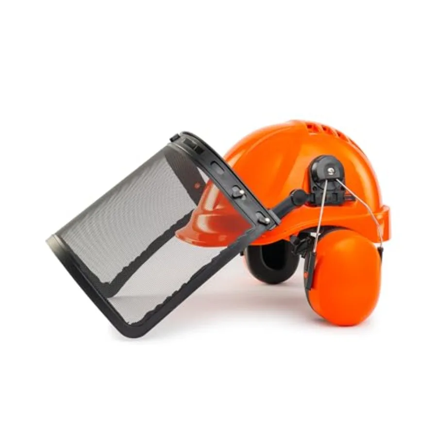 

Industrial Forestry Safety Helmet Protection System with ANSI Approval for Chainsaw Use Featuring Adjustable Ear Muffs and Face