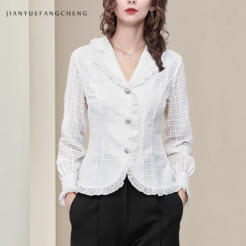 

2025 Spring Fashion Women's White Blazer Collar Ruffled Hem Shirt - Chic and Stylish Long Sleeve Women's Top with Unique Design