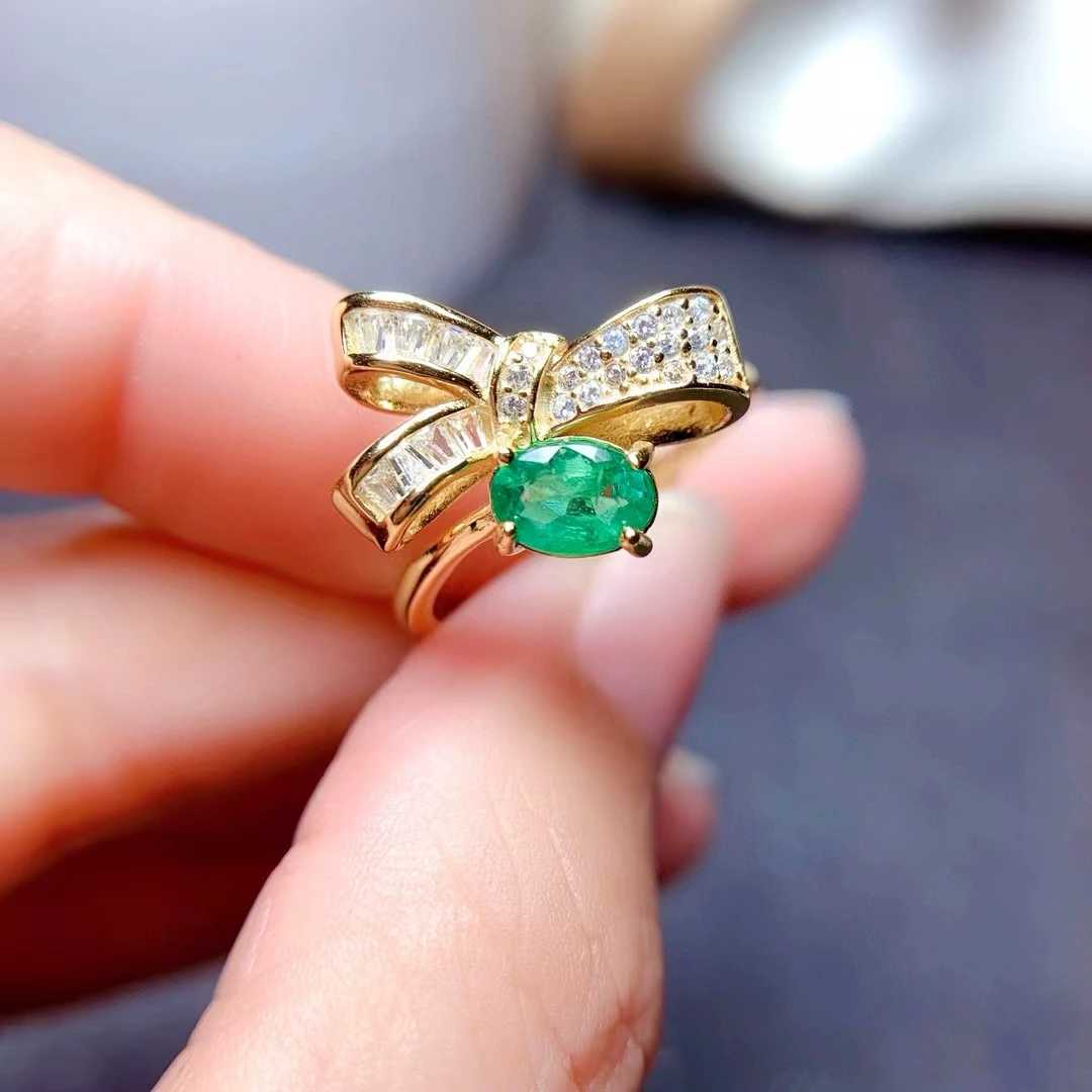 MeiBaPJ 5mm*7mm Natural Emerald Fashion Bow Ring for Women Real 925 Sterling Silver Charm Fine Wedding Jewelry