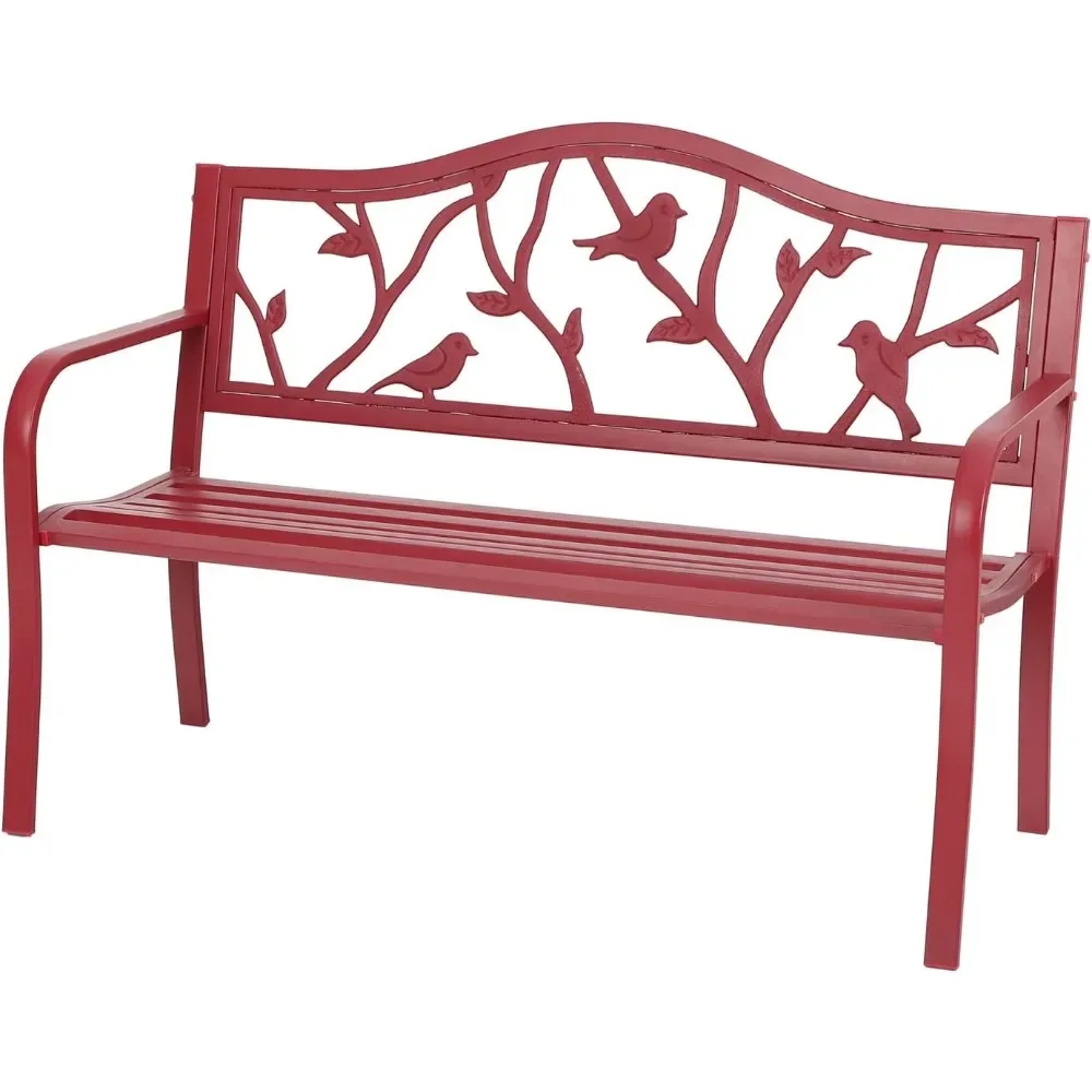 Outdoor Patio Metal Park Bench Red, Steel Frame Bench with Backrest and Armrests for Porch, Backyard and Indoor Patio Benches