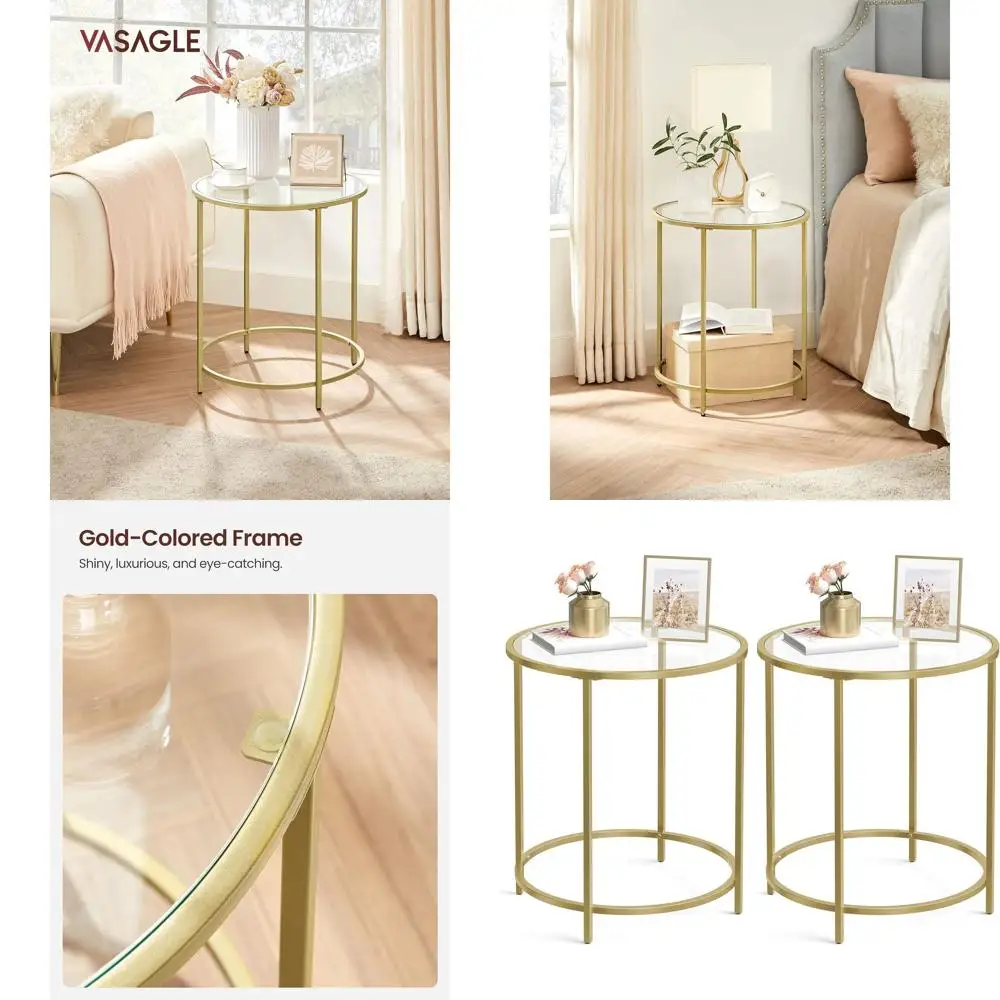 

Pair of Round Side Tables: Modern Glass & Metal, Gold Finish, Ideal for Living Spaces & Outdoor Balconies