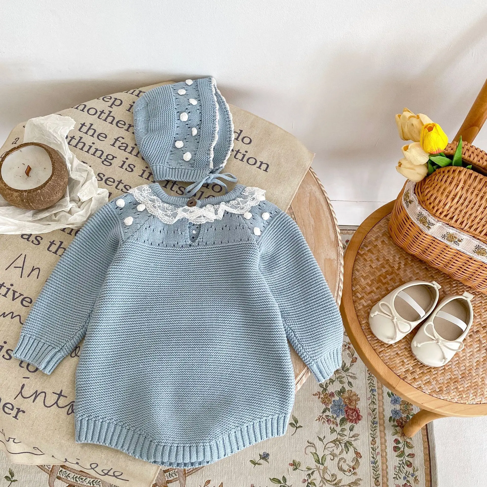 0-24M Baby Mädchen Strampler Stricken Neue Neugeborenen Spitze Warme Lange Hülse Overall Infant Prinzessin Party Strampler Kleinkind herbst Frühling Kleidung – Detail 2