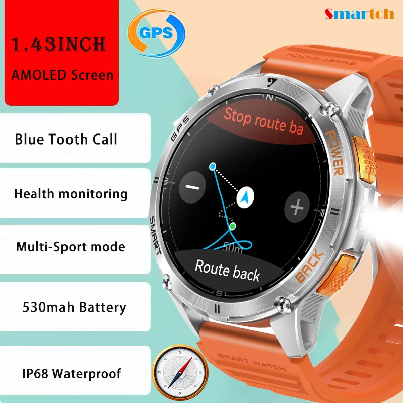 

AMOLED Screen Smartwatch 530Mah GPS Sport Smart Watch IP68 Waterproof LED Flashlight Compass Outdoor Men Watches Heart Rate Gift