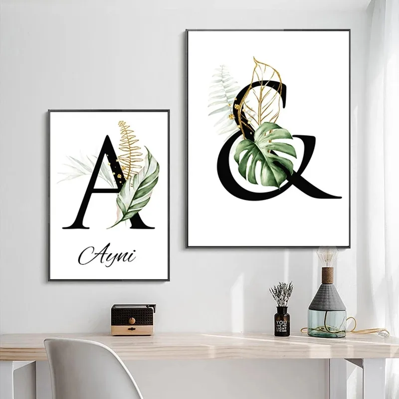 (No frame)Custom Name Nordic Letter Canvas Poster Plants and Alphabet Chart Wall Art Print Green White Letter Art Painting Ho