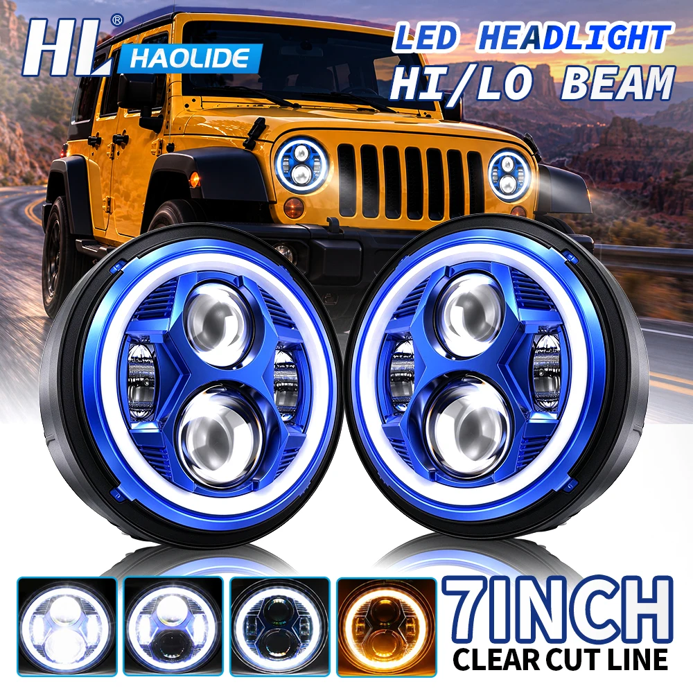 HL 2x Car 7 Inch Led Headlight Hi/Low H4 Halo Angle Eyes DRL For JK TJ OffRoad Defender Hummer 4x4 Samurai Headlamp 12V 24V