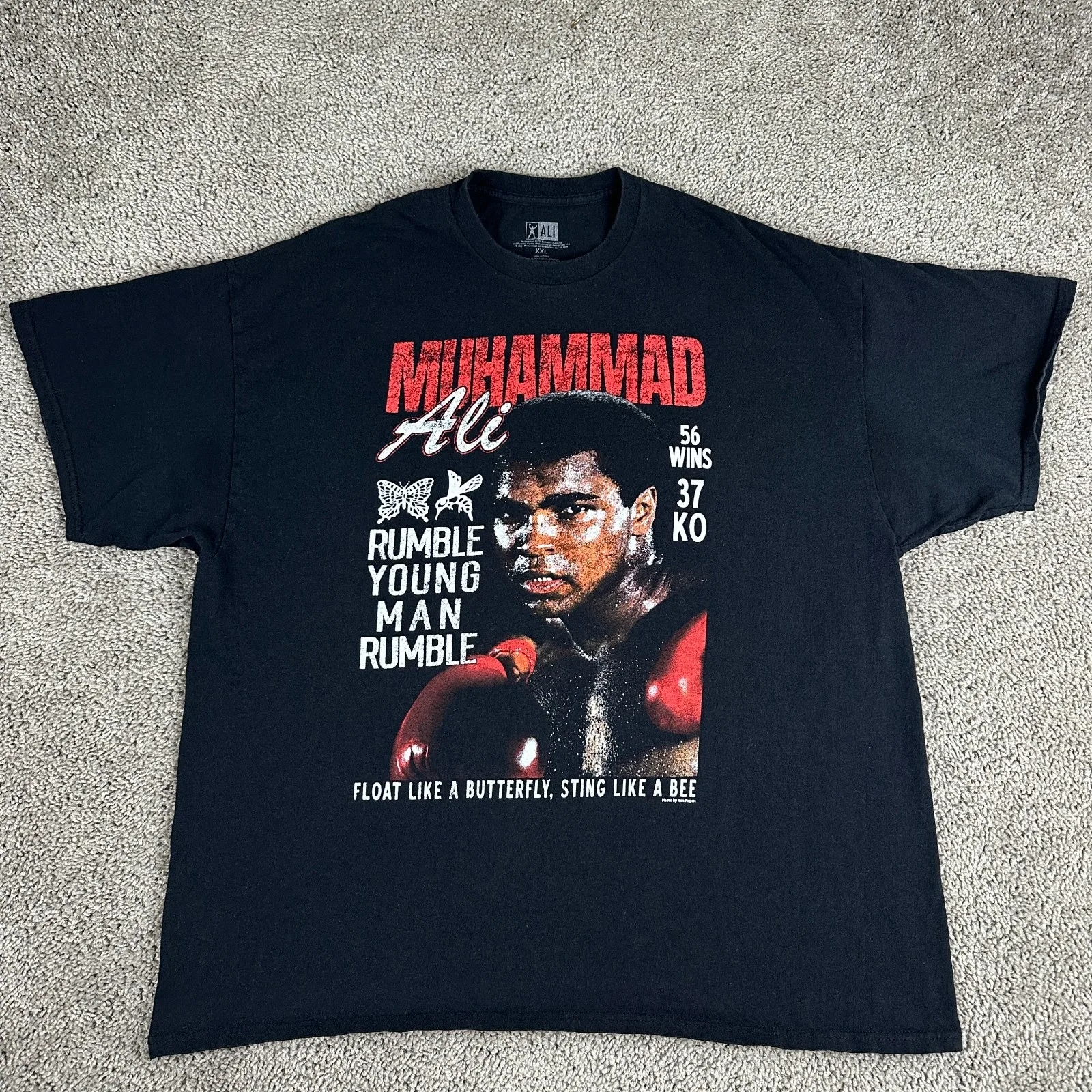 قميص محمد علي للرجال XXL 2XL أسود أحمر تعويم مثل زبدة يطير 56 يفوز 37 KO #1