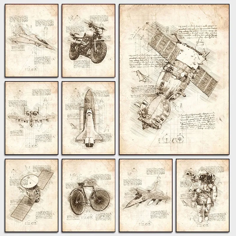 Da Vinci Inspired Canvas Print Vintage Astronaut Machine Sketches Retro Wall Art Space Shuttle Motorcycle Poster for Study Room