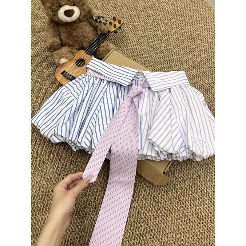 

Korean High Waist Lace-up Casual Pleated Bud Skirt Women 2025 Autumn New High Street Contrast Color Striped Sexy Slim Mini Skirt