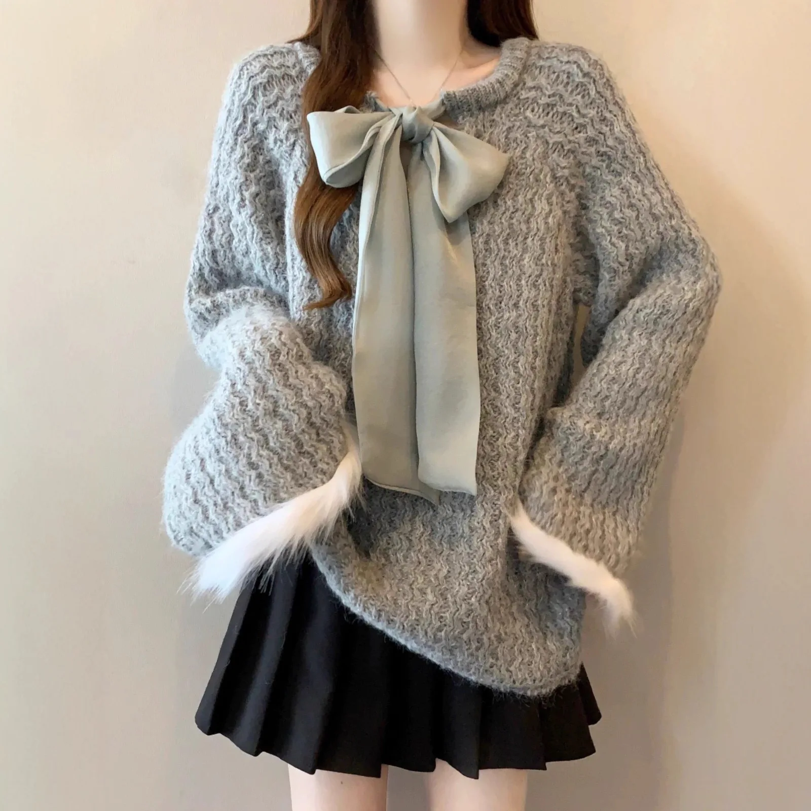 

Women's Knitted Sweater with Knot Spliced Furry Sves Crew Ne Thi Winter Faion Top Fem Ele Sweet