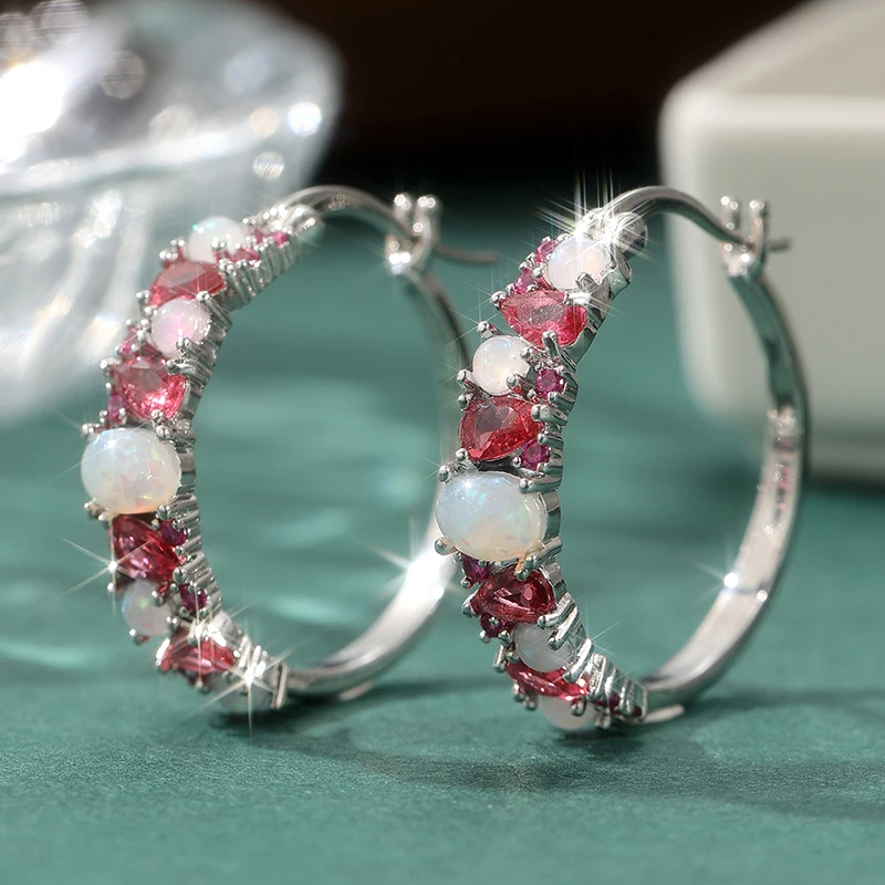 Exquisite silberfarbene, mit rosa Zirkon eingelegte, opalimitierende Damenohrringe, modische Verlobungs-Ohrringe für Damen – Detail 3