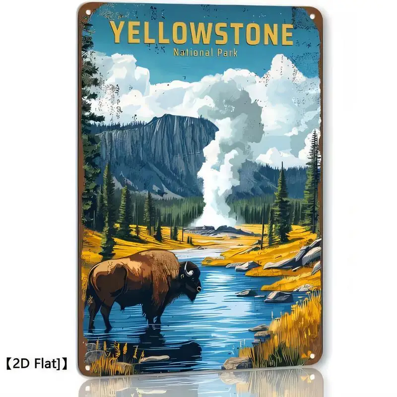 2D Flat Yellowstone National Park Vintage Metal Tin Sign - Retro Wall Art (Bison, Geyser, River) - Iron, Perfect for Home/Office