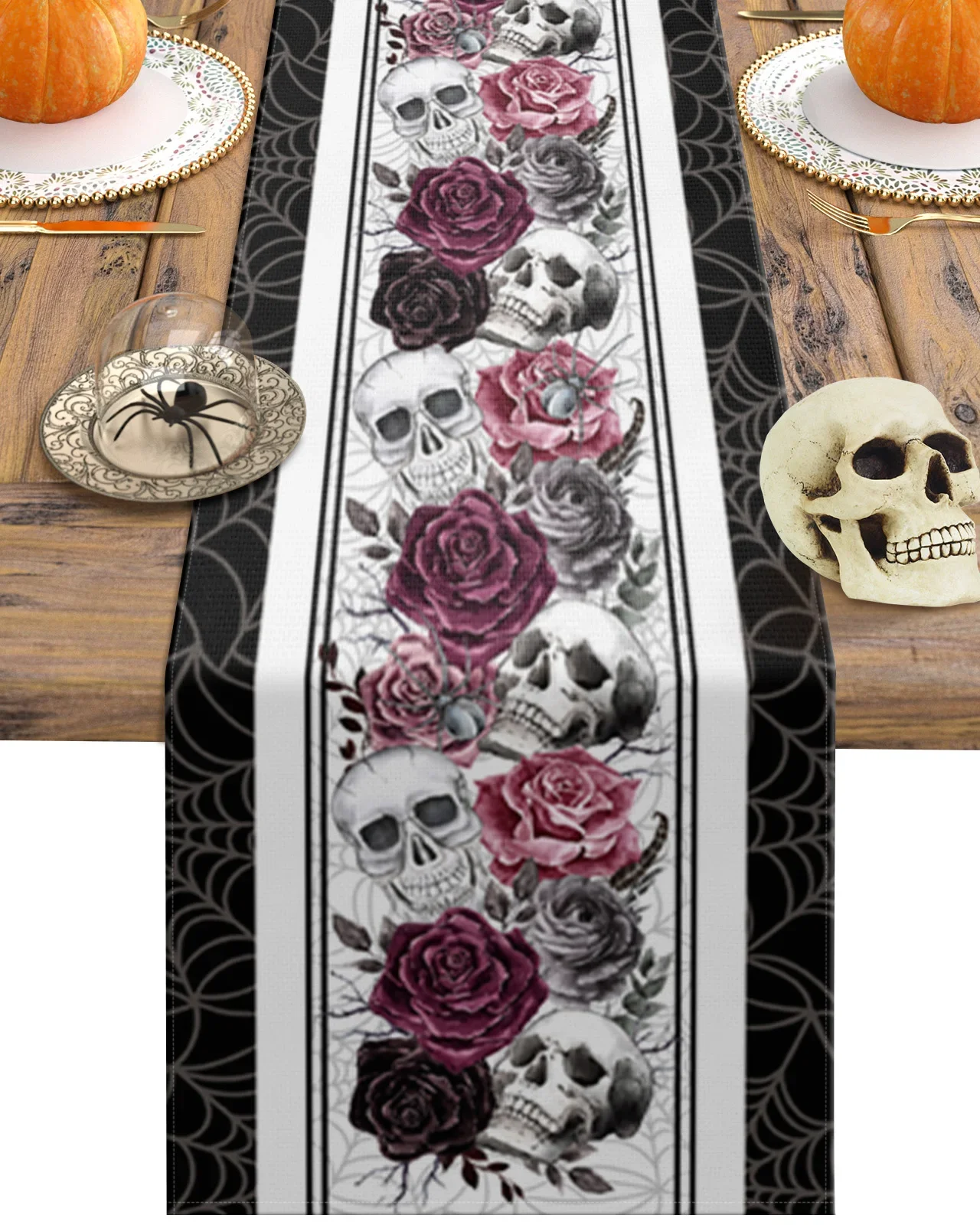 Halloween Skull Rose Crow Linen Table Runners Holiday Party Decor Reusable Kitchen Dining Table Runner Halloween Decorations