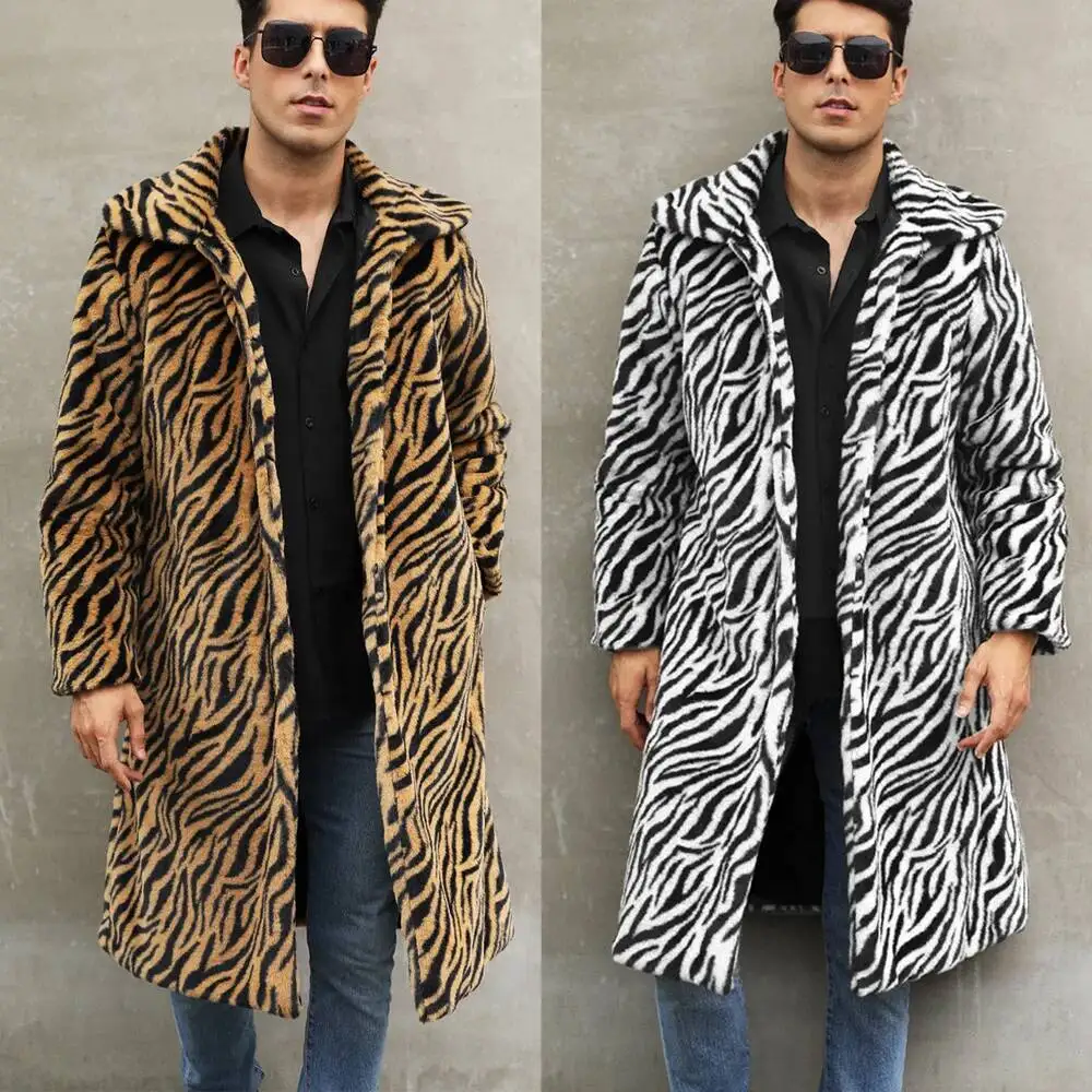

European American New Fashion Men's Leopard Casual Trendy Simple Basic Loose Turn-down Collar Long Sleeve Faux Fur Coats Tops