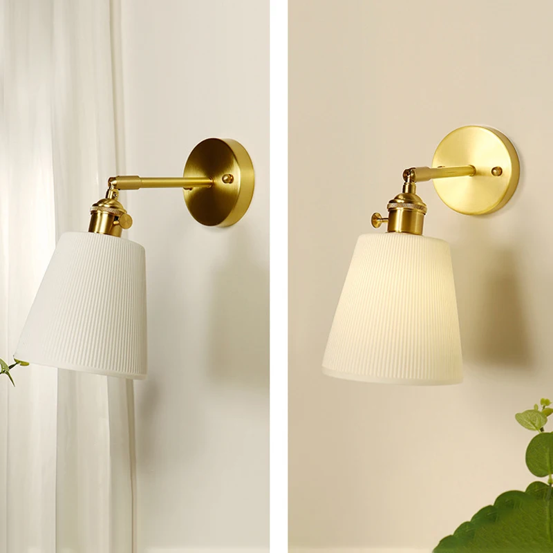 Nordic Style Wall Lamp Ceramic with switch for Living Room Bedroom Vintage Sconce Lights Adjustable Brass Bedside Reading Light