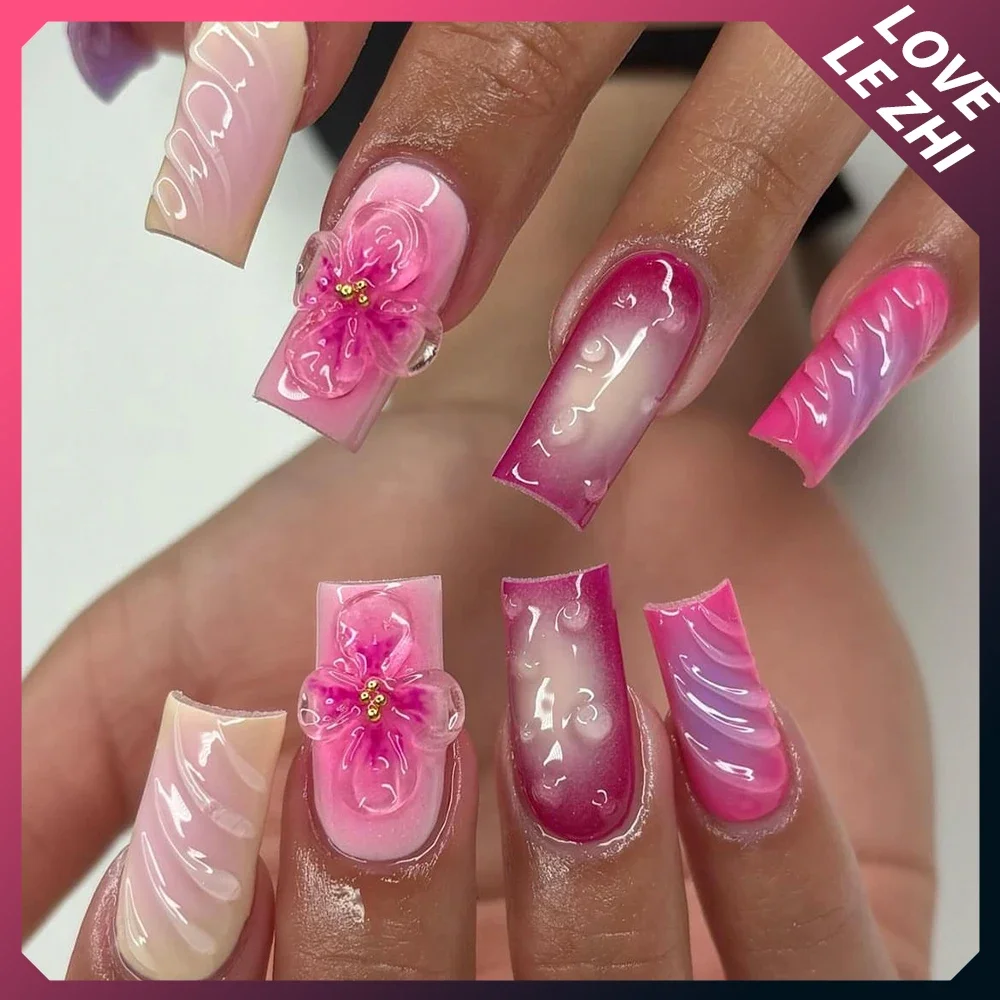 3D French Lilies Flower Gel Nails Art Handmade Almond Squares Coffin High-End Fainting Gradient Fake Nails Women Birthday Gift