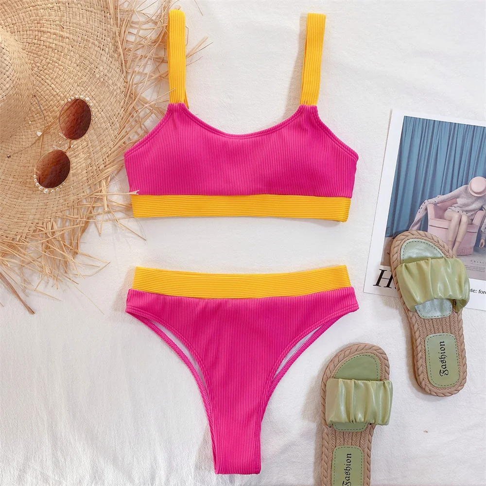 Bikini con tirantes de cintura alta para mujer, Tankini de retales Y2K, traje de baño con realce, microbañador acanalado, traje de baño para playa