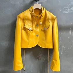 Moda amarelo importado pele de cordeiro colheita jaquetas para mulheres outono novo único breasted gola quente meninas streewear jaqueta topos