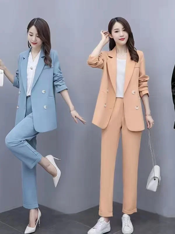 

Женский костюм-двойка больших размеров: модный весенний комплект в корейском стиле, с высокой талией, длинные брюки, повседневный, из полиэстера.