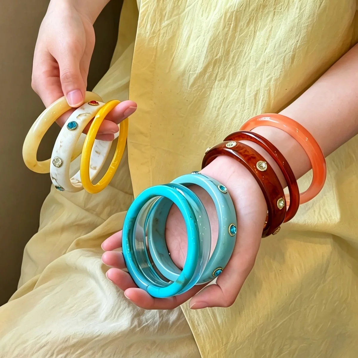 3Pcs/Set Boho Colorful Smudging Stackable Round Resin Bangles Set for Women Fashion Geometric Acrylic Bracelet Jewelry Punk Gift